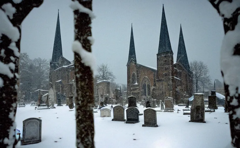 Image similar to inside a snowy graveyard with 18th century gothic church in the background with candles cold and sad in the shining by stanley kubrick, shot by 35mm film color photography