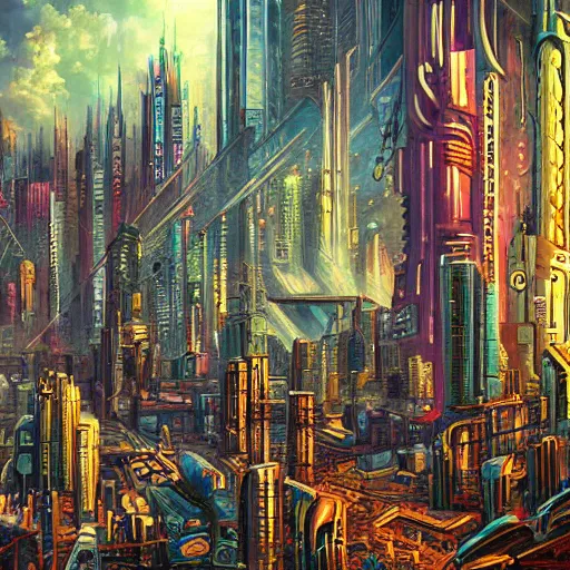 Image similar to cyberpunk cityscape, highly detailed fantasy art painting, 1 9 5 0 s style