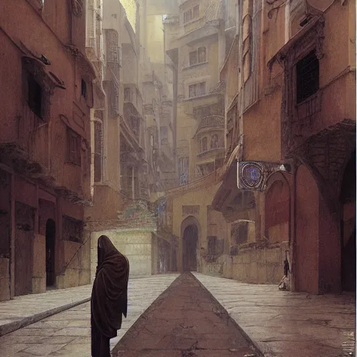 Image similar to study of masked holy crusader on the art deco streets of the byzathian empire city, award - winning realistic sci - fi concept art by beksinski, bruegel, greg rutkowski, alphonse mucha, and yoshitaka amano