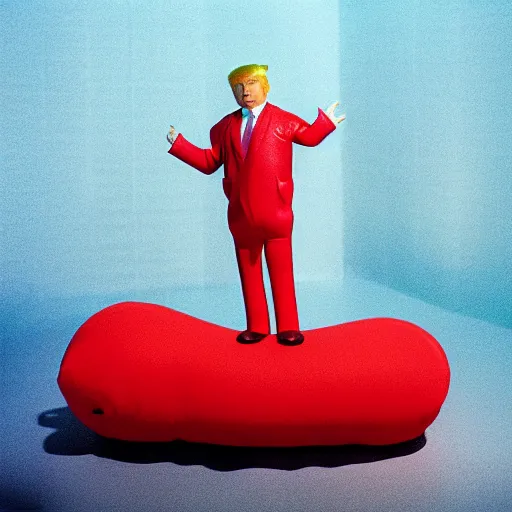 Prompt: donald trump as an inflatable doll in a red dress, film still, curved body, high quality, 8 k