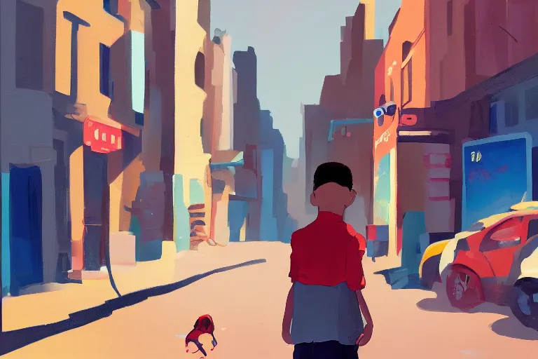 Prompt: young boy in new york a back alley in the style of james gilleard