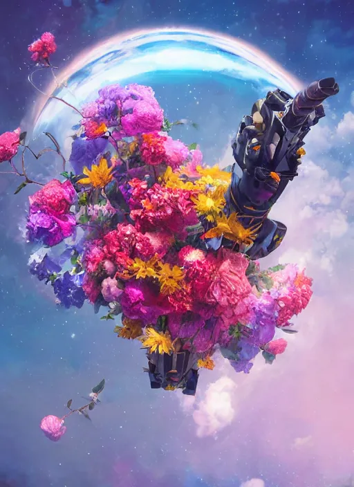 Image similar to An epic fantastic realism comic book style painting of the most beautiful flowers launched into space, bouquets, fisheye lens, unreal 5, DAZ, hyperrealistic, octane render, dynamic lighting