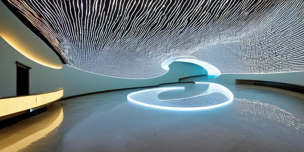 Image similar to extremely detailed stunning curvilinear museum interior with water centered sculpture piece and led strips