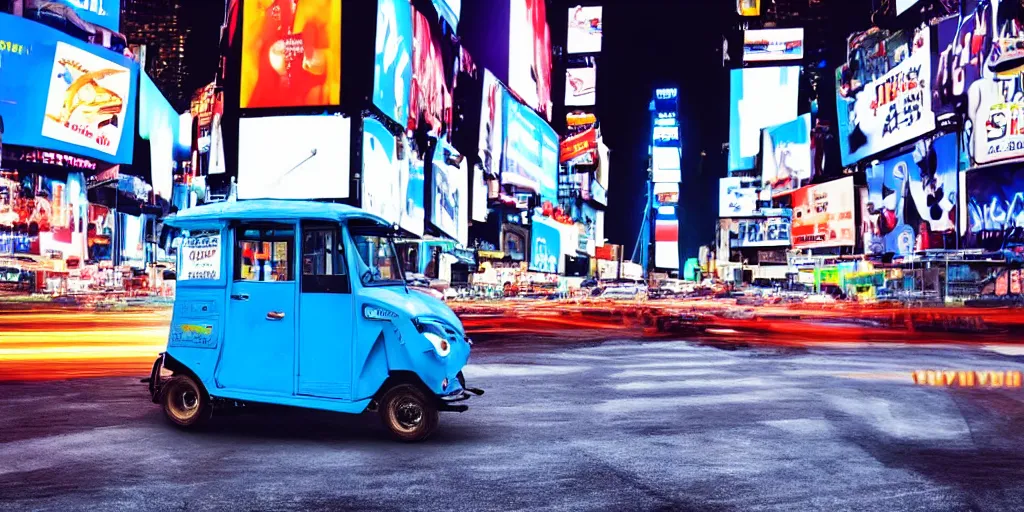 Prompt: a blue and white tuk tuk in Times Square at night, highly detailed, hazy, cloudy, intense neon lighting, matte painting, concept art, 4k