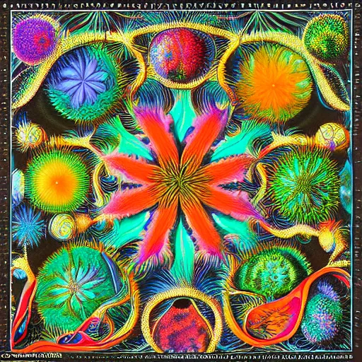 Prompt: colorful artwork by ernst haeckel with vivid macroscopic imprints of ethereal plant illumination, put onto canvas