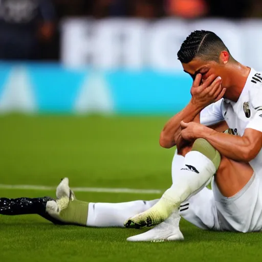 Prompt: Cristiano Ronaldo in a fetal position crying himself to sleep in his messy apartment