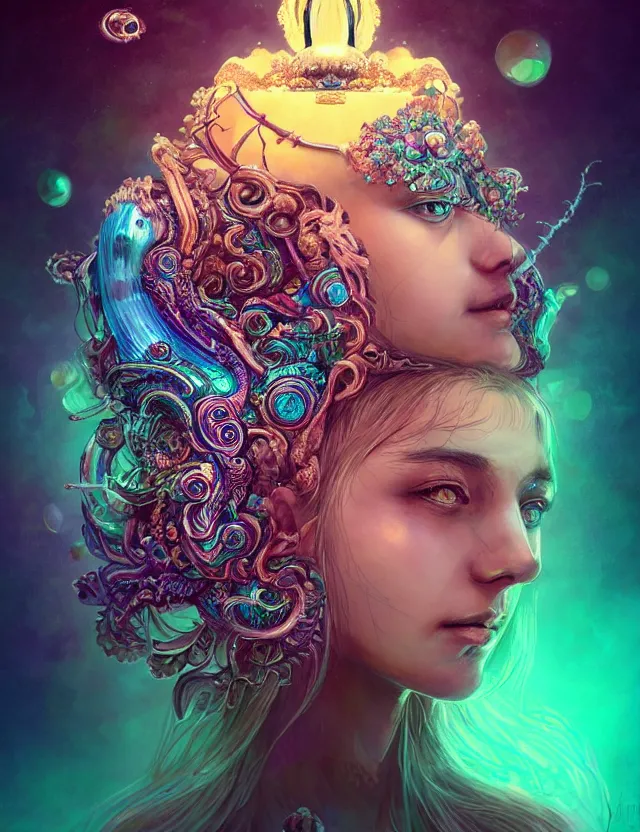 Prompt: goddess macro close - up portrait in crown made of ram skull. betta fish, jellyfish phoenix, bioluminiscent, plasma, ice, water, wind, creature, super intricate ornaments artwork by tooth wu and wlop and alena aenami and greg rutkowski