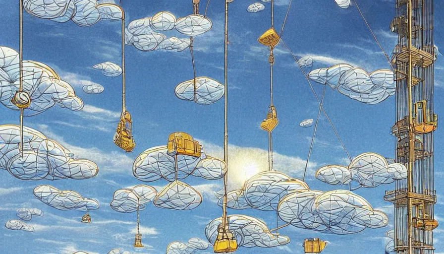 Prompt: an inflated stainless steel chrome gondola in the clouds, people are hanging by steel cables. Oil rigs in the sky. Intricate technical drawing. Colored pencil. Mammatus clouds. Ornate, brilliant, utopian, detailed, Golden ratio, solarpunk solarpunk solarpunk