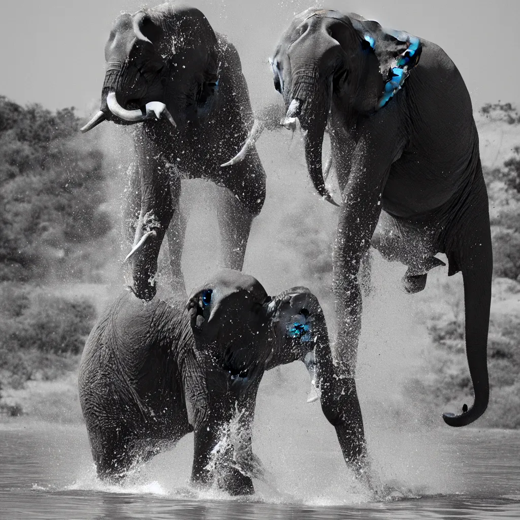 Image similar to “a black and white photo of an elephant splashing water by Maties Palau Ferré, featured on flickr, arabesque, national geographic photo, ilford hp5, majestic”