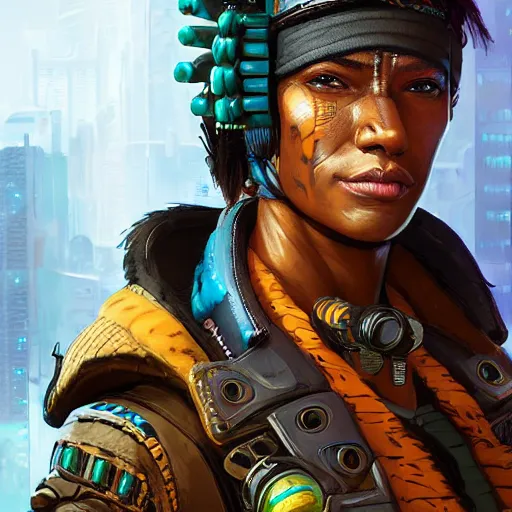 Prompt: a cyberpunk zulu hunter, Apex Legends character digital illustration portrait design, by android jones, detailed, cinematic lighting, wide angle action dynamic portrait
