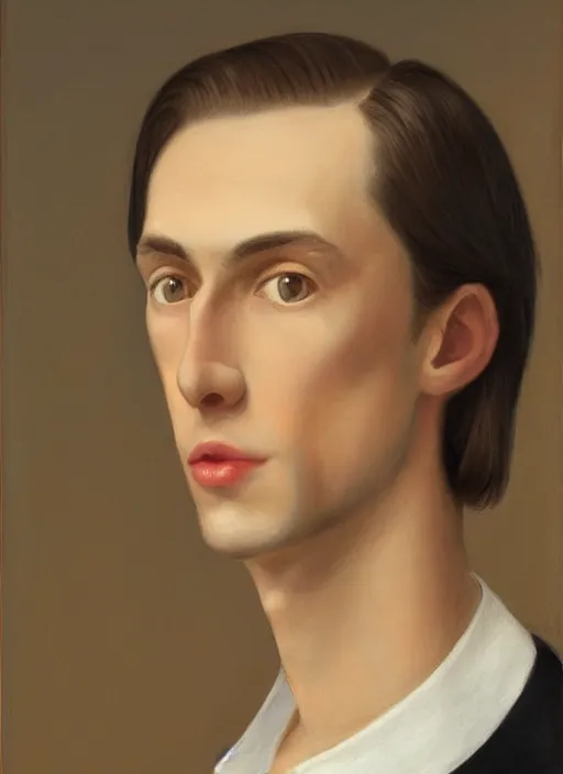 Prompt: a very skinny young white male close-up portrait of young white male, with long dark brown slicked back hair shoulder length slicked back hair, with pearl necklace and pearl earing, in the museum, in white turtleneck shirt, Tarzan, painting in the museum, highly detailed, sharp focus, digital painting