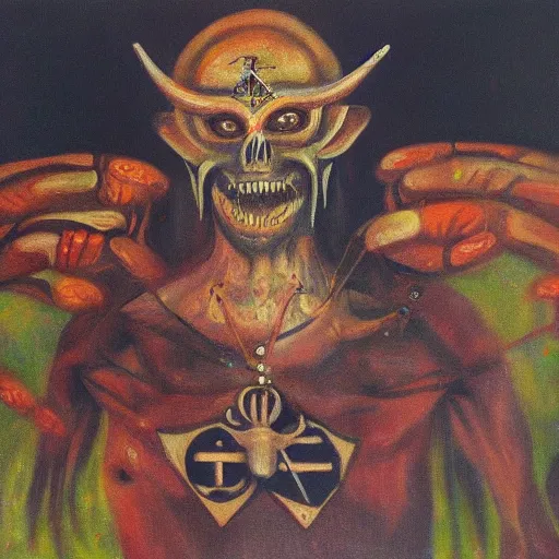 Image similar to portre of an autistic demon on acid, masonic and kabalistic symbols in background, oil painting