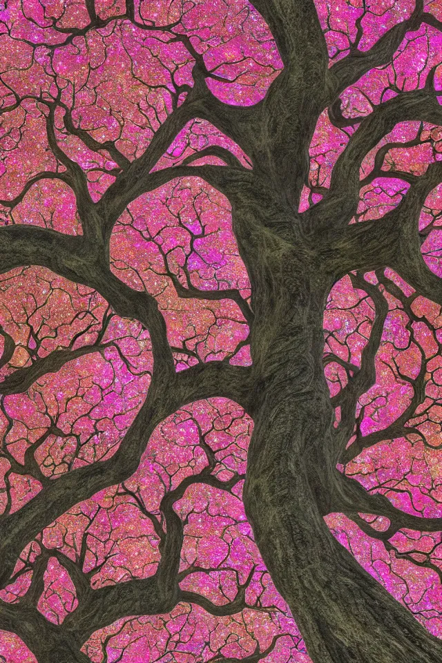 Prompt: fractal sakura in deep space in style of Dean Roger, massive wide trunk, glitter tree bark, hyper realism, very detailed, no text, contrast picture