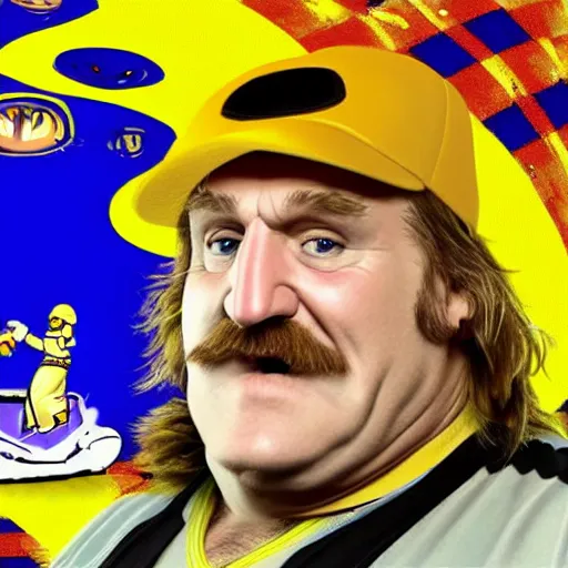 Prompt: Gérard Depardieu as Wario, yellow overall, yellow cap, the letter W, in a kart, Nintendo, render