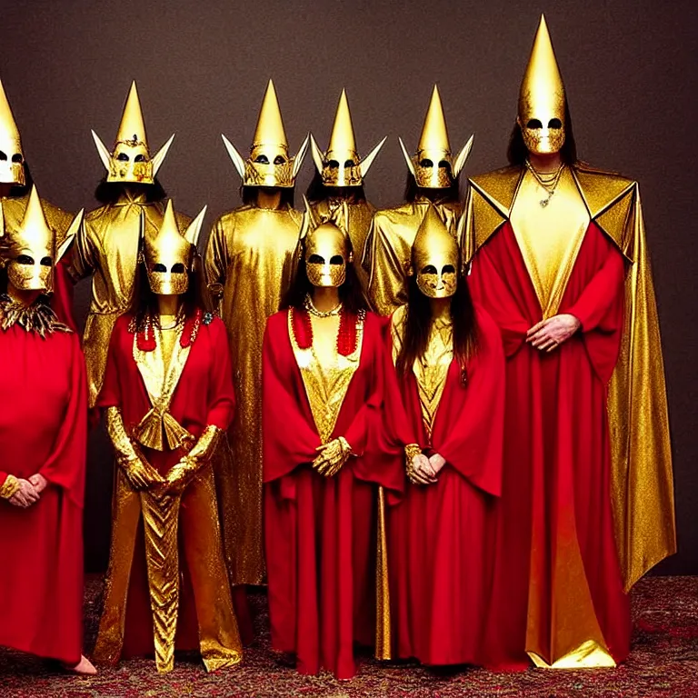 Image similar to members of esoteric cult standing next to inverted pyramids, ektachrome hyper realistic and detailed, wear heavy red ornemental costumes and elongate gold masks and jewels