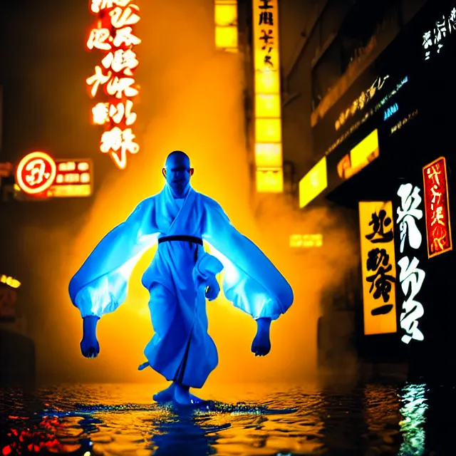 Image similar to cyber monk water dance supreme water fist, detailed animal form water, fighting stance energy, shibuya prefecture, cinematic neon uplighting, fog mist smoke, photorealistic, night photography by tomino - sama