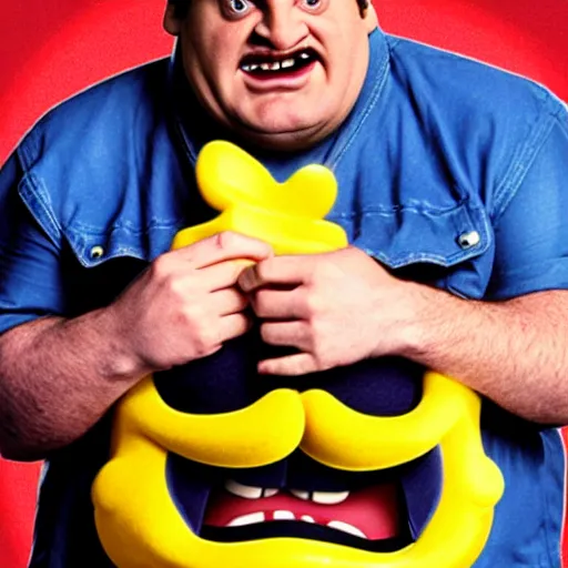 Image similar to live-action-Wario-hollywood movie casting, played by Chris Farley, posing for poster photography