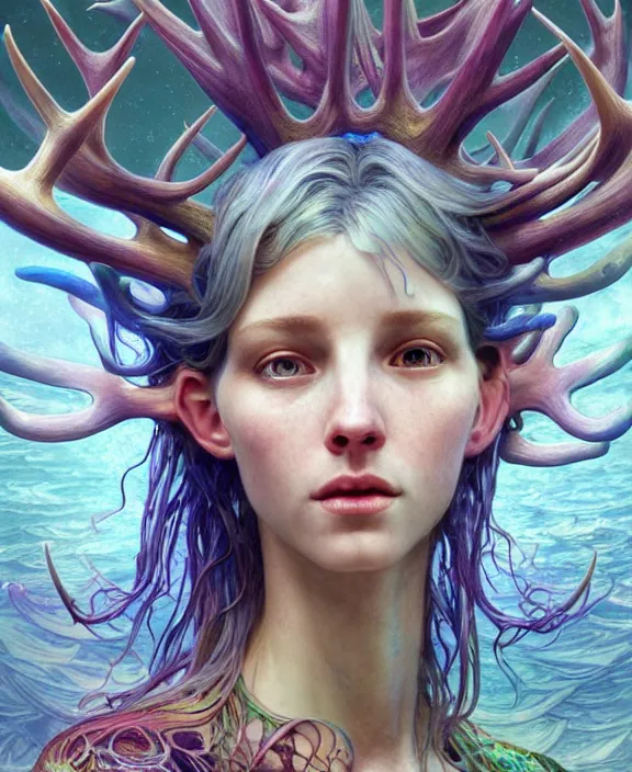 Image similar to intricate colorful transparent portrait of a terrifying beautiful alien sea creature, antlers, mottled coloring, adorable, childlike, anxiety environment, ultra realistic, concept art, art nouveau, photorealistic, octane render, 8 k, unreal engine. art by christopher marley and artgerm and greg rutkowski and alphonse mucha