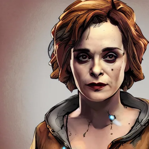 Image similar to helena bonham carter portrait, borderlands, tales from the borderlands, the wolf among us, comic, cinematic lighting, studio quality, 8 k