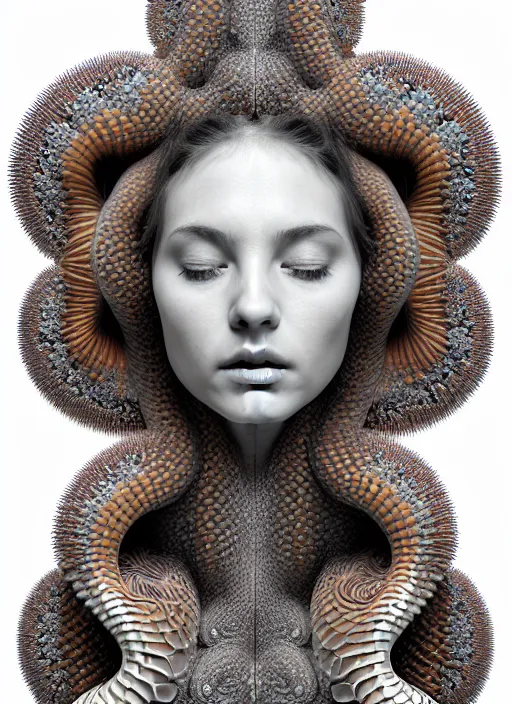 Prompt: ridiculously beautiful young womans face, radiating fractals of snake skin, blooming, portals into dimensions, coral, birds, symmetrical, in the style of ernst haeckel, effervescent, sacred geometry, surrealism, photo realistic, epic and cinematic, 3 d, clear, sharp,