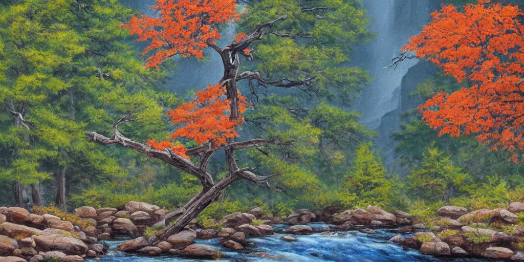 Image similar to single maple tree growing in grand canyon, stream, oil painting, highly detailed, masterpiece