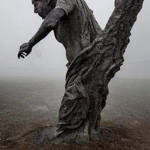 Image similar to The sculpture shows a man caught in a storm, buffeted by wind and rain. He clings to a tree for support, but the tree is bent nearly double by the force of the storm. The man's clothing is soaked through and his hair is plastered to his head. His face is contorted with fear and effort. by Brian Sum harrowing