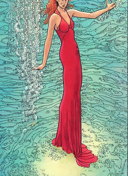 Prompt: long and wide feminine dress underwater, art by moebius