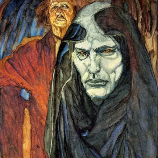 Prompt: comics sandmanin a cloak by Neil Gaiman, in style The Demon Seated, by Mikhail Vrubel, oil painting, art gallery, art museum, small details, whole-length, hyperrealism, black cloak, very detailed face, very detailed torso, high resolution