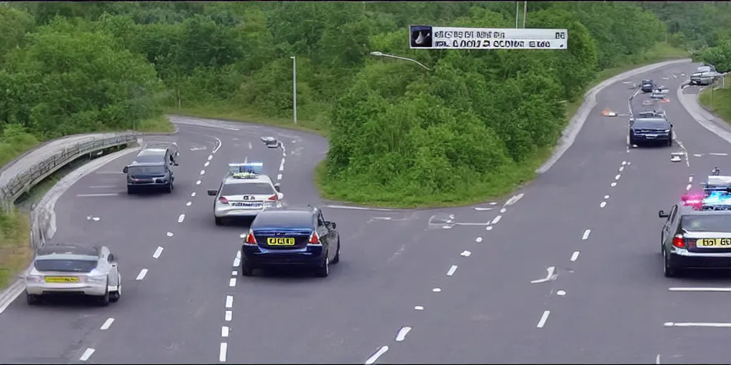 Prompt: police helicopter thermal cam of uk police cars chasing a 2 0 0 7 volvo s 9 0. car is going 8 6 mph on a highway.