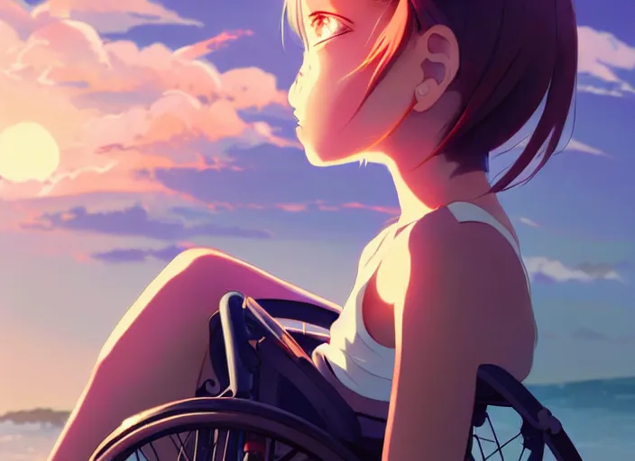 Prompt: side portrait of cute girl, sunset sky in background, beach landscape, illustration concept art anime key visual trending pixiv fanbox by wlop and greg rutkowski and makoto shinkai and studio ghibli and kyoto animation, futuristic aerodynamic wheelchair, symmetrical facial features, future clothing, volumetric lighting, backlit