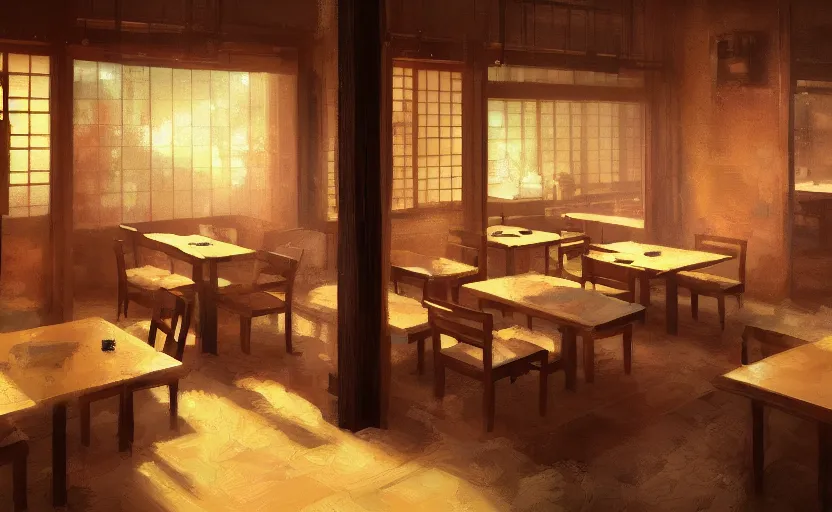 Image similar to a small Japanese restaurant interior, painting by Craig Mullins, octane rendering, soft lighting, wide angle lens, low view, in the style of Pixar animation, trending on artstation,