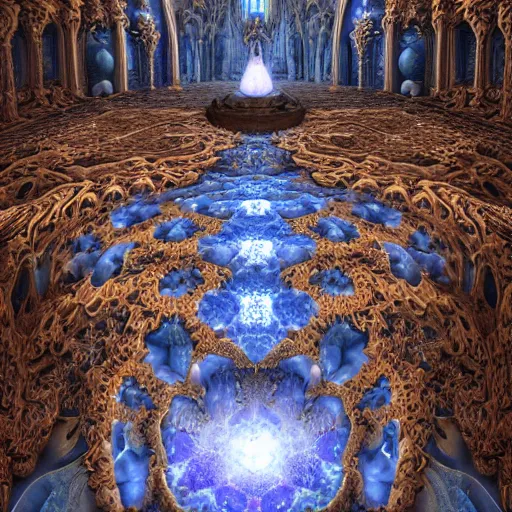 Image similar to a beautiful 3 d painting of a huge sprawling fractal cathedral interior populated by mandelbrot fractals by android jones, unreal engine, carved stone, carved soap, white color scheme, volumetric lighting, octane render, dramatic lighting, glowing, carved marble, opalescent, sacred geometry, religious, angelic, catholicpunk, stark, 8 k, ultra detailed