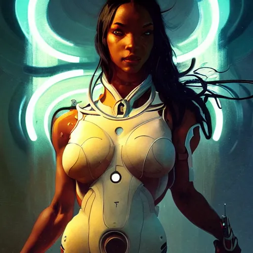 Prompt: cyborg Normani as aeon flux profile picture by Greg Rutkowski, dynamic pose, surreal, intricate, futuristic, fantasy, soft neon lighting, elegant, by Stanley Artgerm Lau, greg rutkowski, thomas kindkade, alphonse mucha, loish, norman Rockwell,