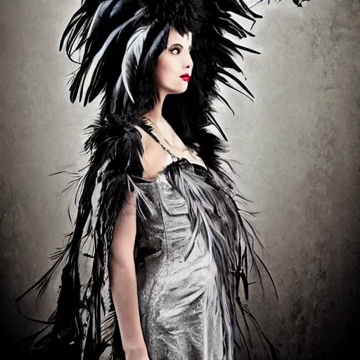 Prompt: Raven queen in a large raven-themed dress with feathers, high quality, portrait