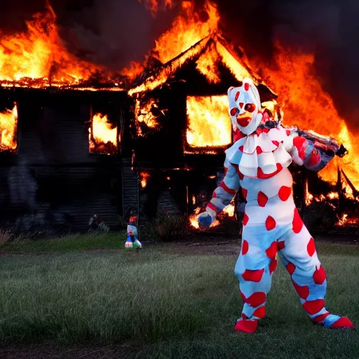 Image similar to photo of a clown using a flamethrower. In the background there is a house fire. award-winning, highly-detailed, 8K