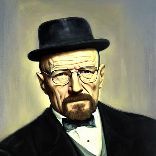 Image similar to president walter white, walter white presidential portrait, oval office painting. official portrait, painting by gibbs - coolidge. oil on canvas, wet - on - wet technique, underpainting, grisaille, realistic. restored face.