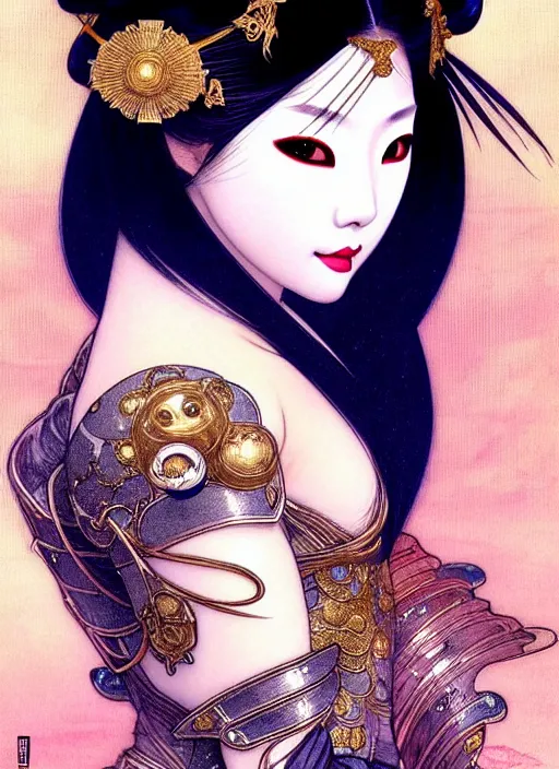 Prompt: Japanese geisha, glamorous moon, seductive eyes and face, elegant, lascivious pose, very detailed face, studio lighting, photorealism, wearing futuristic armor , portrait by Magali Villeneuve and Steve Argyle,Livia Prima,Mucha,dress,fantasy art,beautiful,artstation,trending on artstation,intricate details,alluring,masterpiece