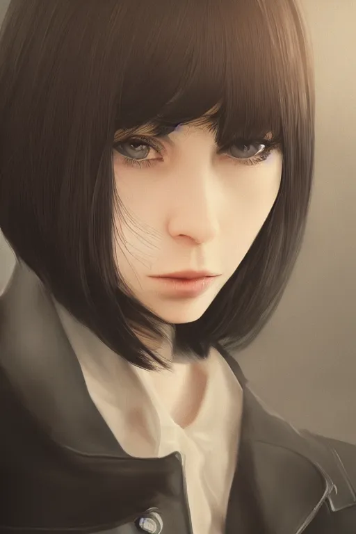 Prompt: highly detailed close-up of a beautiful girl with a very stylish trenchcoat by Ilya Kuvshinov, black medium length Dutch bob cut hair with straight bangs, rich cinematic atmosphere, soft lighting, poster, digital art