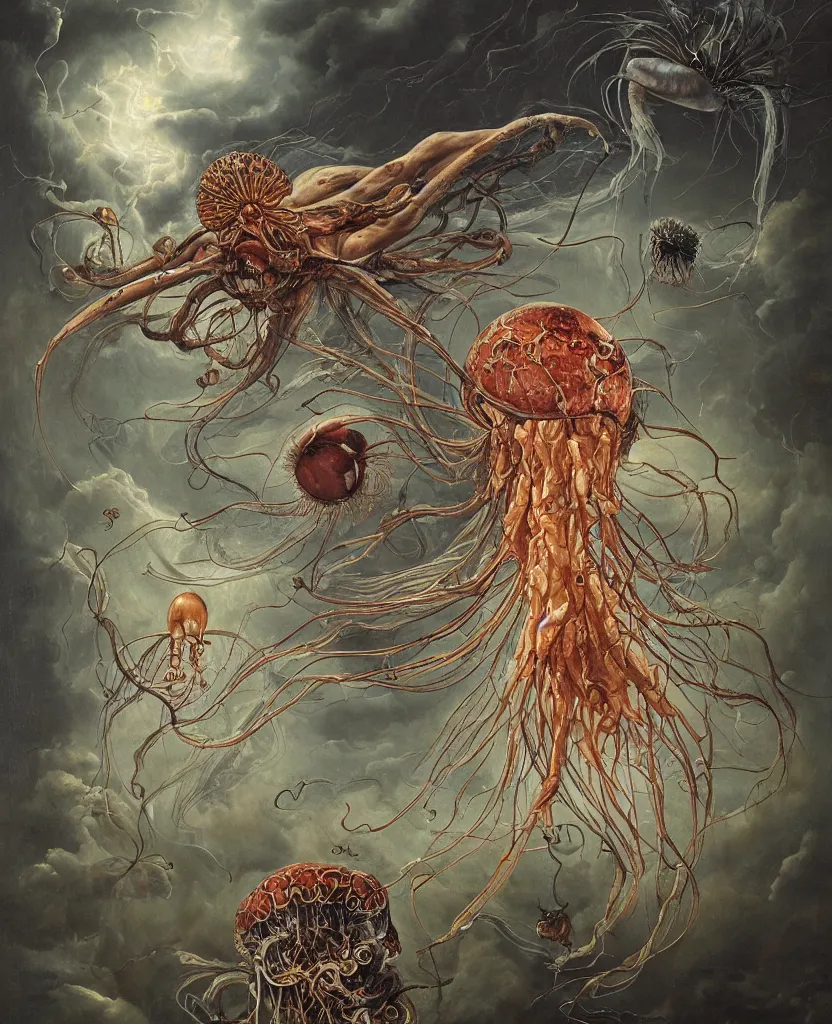 Prompt: an anatomical oil painting of a Harpy jellyfish from a medical journal by Nychos, Julie Bell, Peter Mohrbacher highly detailed, high detail, 8k, storm clouds, birds, dramatic lighting