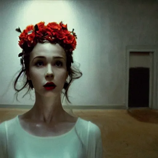 Prompt: movie still of the girl with the flowers head, cinematic composition, cinematic light, by edgar wright and david lynch, surrealist cinema