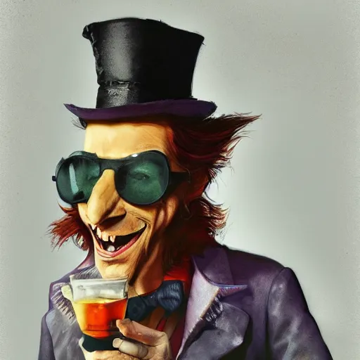 Image similar to the mad hatter, wearing shades, drinking tea, by Viktor Antonov,, greg rutkowski, fantasy, D&D, trending on artstation, smooth, sharp focus