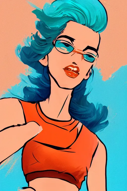 Prompt: a award winning half body portrait of a beautiful caucasian woman in a croptop and cargo pants with ombre orange blue teal hairstyle with head in motion and hair flying by will eisner, outrun, vaporware, digital art, trending on artstation, highly detailed, fine detail, intricate