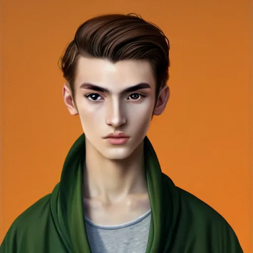 Image similar to colorful Captivating teenage boy with brown blond short quiff hair and thin facial structure with cleft chin, crooked nose, good definition of cheekbones, Alert brown eyes, narrow face, slim body, wearing a detailed Japanese kimono with golden details, atmospheric lighting, painted, intricate, 4k, highly detailed by Charlie Bowater