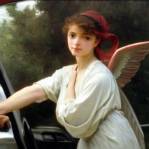 Image similar to an oil painting of an angel driving a car ordering in drive through, by Bouguereau, highly realistic and intricate