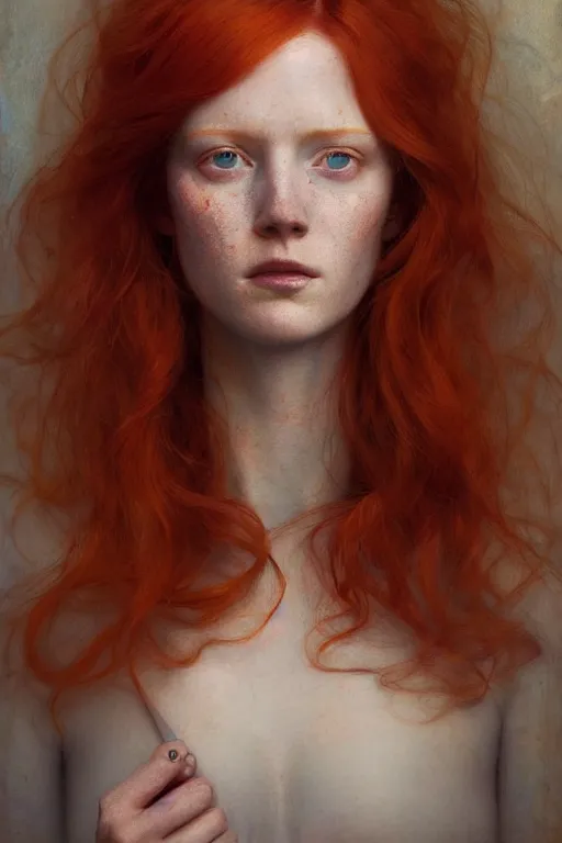 Image similar to of beautiful redhead female, beauty portrait by greg rutkowski, hilma af klint, moebius, victo ngai, sharp focus, global illumination, highly detailed, masterpiece, award winning, post processing