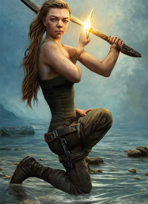 Image similar to Natalie Dormer as Lara Croft as a ruggedly handsome heroine kneeling next to a glowing artifact lodged in shallow water, intricate, elegant, highly detailed, artstation, concept art, smooth, sharp focus, illustration, bokeh art by artgerm and donato giancola and Joseph Christian Leyendecker, WLOP, fireflies