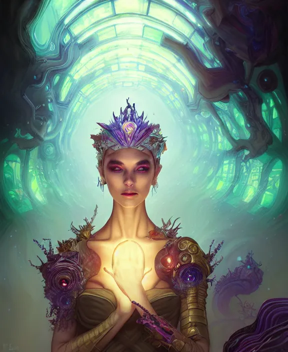 Prompt: whirlwind souls inside metaverse, half body, glowin eyes, tiara, pharaoh, forest, mushrooms, antiques, cyberpunk face, by loish, d & d, fantasy, intricate, elegant, highly detailed, colorful, vivid color, digital painting, artstation, concept art, art by artgerm and greg rutkowski and alphonse mucha and ruan jia