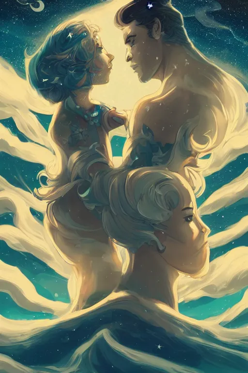 Image similar to man and woman sea and night sky with stars and galaxies, ornate detailed background, trending on artstation, by rossdraws