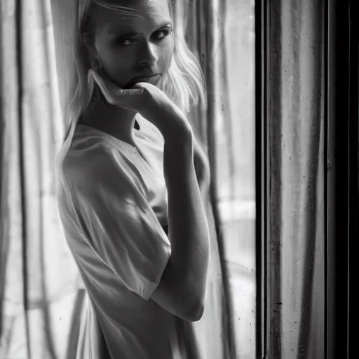 Image similar to black and white fashion photograph highly detailed portrait of a depressed beautiful 30 years old model woman standing by the window, natural light, rain, mist, lomo, fashion photography, film grain, soft vignette, sigma 85mm f/1.4 1/10 sec shutter