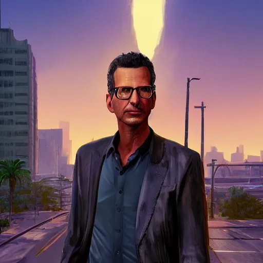 Image similar to Portrait of a Jeff Goldblum in a grand theft auto 5 loading screen , art by Albert Bierstadt and James Gurney, highly detailed, digital painting, matte painting, concept art, illustration, oppressive lighting, trending on artstation, very detailed